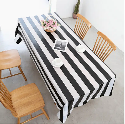 1pc Black And White Striped Tablecloth For Rectangle Tables, Geometric Line Waterproof Table Cloth For Kitchen Dining Room, Home Decor, 54*108in