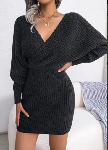 Sexy Cross V Neck Bodycon Sweater Dress, Batwing Sleeve Solid Criss Cross Neck Cross Sexy Dresses, Women's Clothing