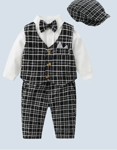 Baby Boys Gentleman Outfit Long Sleeve Button Down Bowtie Shirt Romper & Plaid Pants & Vest & Berets Hat Set Toddler Clothes