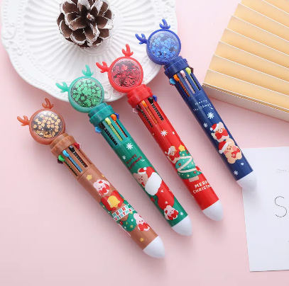 Christmas 10-Colors Retractable Ballpoint Pen Push Type Color Rollerball Pen For School Office Stationery Supplies Marker