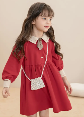 Children's Long Sleeve Skirt Spring And Autumn, Spring Baby Red Princess Dress, Doll Collar Sweet Dress