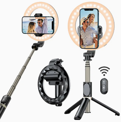 Selfie Ring Light With Tripod Stand Phone Holder Portable Unplugged Dimmable LED Ring Light Rechargeable Selfie Stick With Wireless Remote Control For Live Stream, Makeup, YouTube Video, Photography