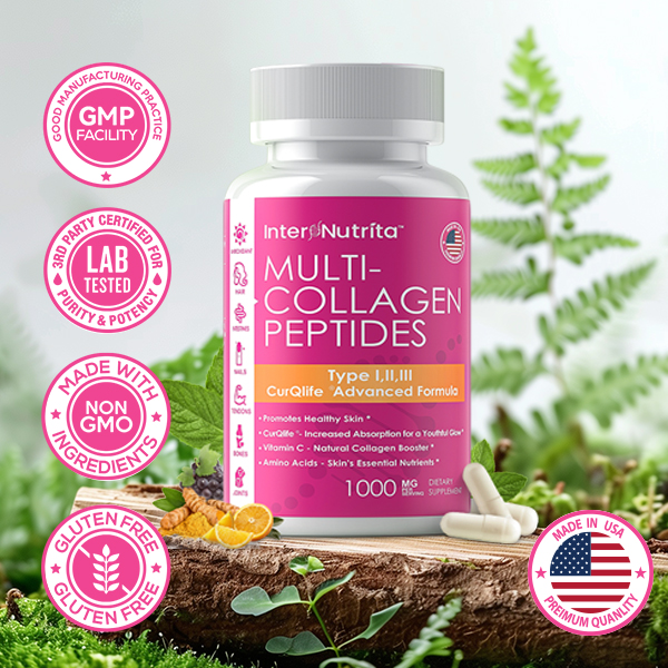 InterNutrita Multi Collagen Peptides Supplements, Made in USA, CurQlife Turmeric Formula Enhances Absorption, Antioxidant and Repair Suitable for Women, Easy to Take, Revitalizes Hydrated Skin