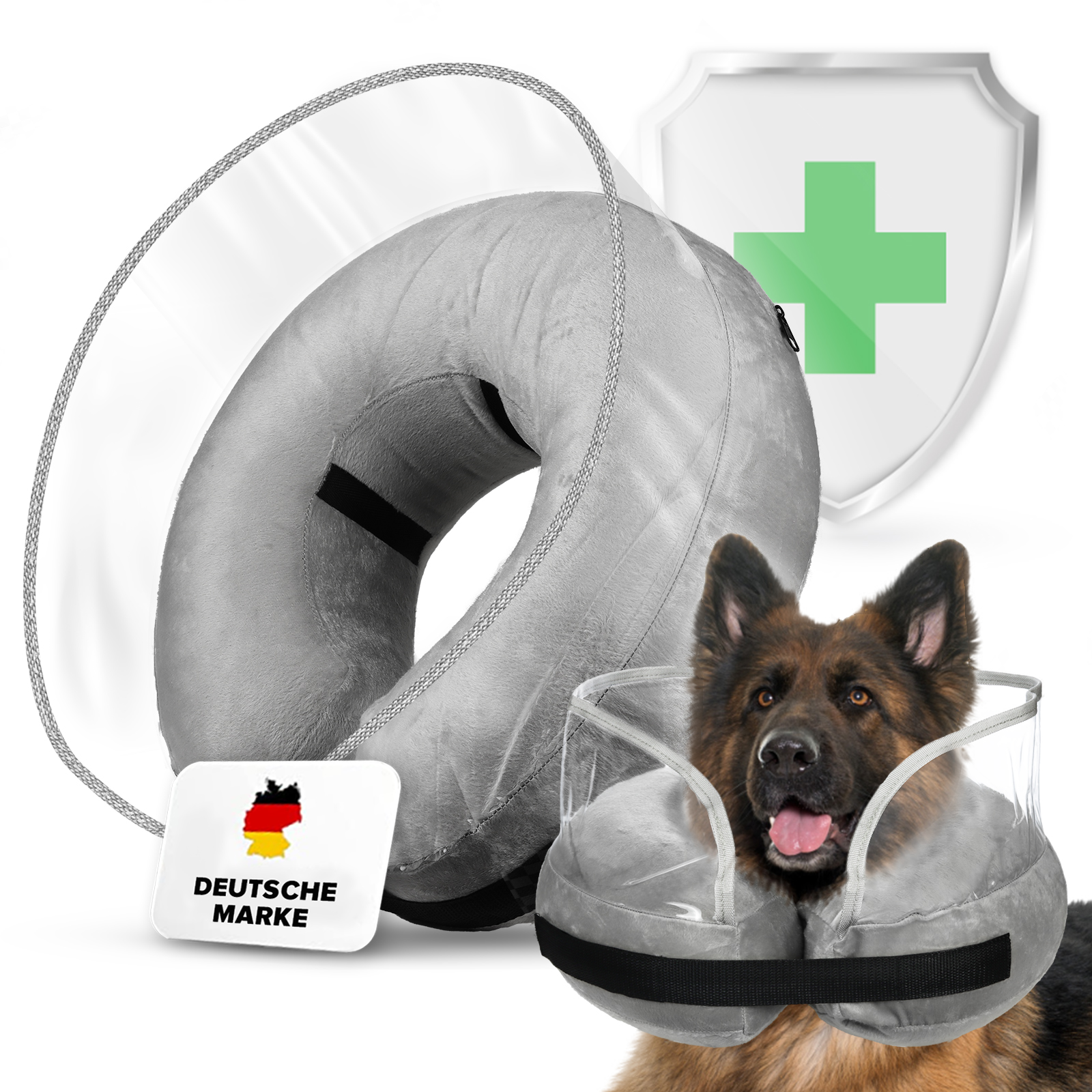 Inflatable dog collar with protective layer for long snouts