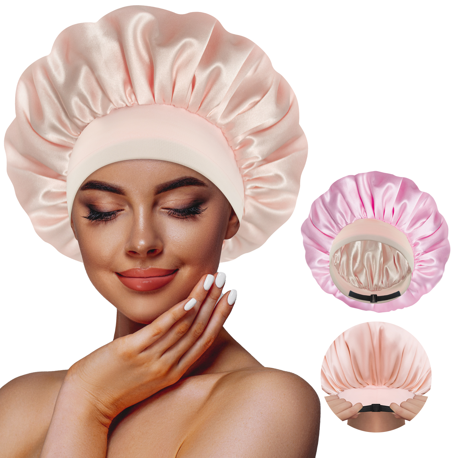 Adjustable Double-Layer Women's Satin Silk Bonnet Nightcap Jade Pink