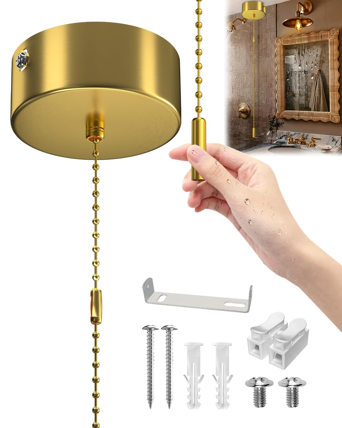 BrightArk Bathroom Light Pull Cord Switch Ceiling Mounted Brass Round Light Switch Pull Cord Chain Kit Replacement Shower Pull Cord Switch for Bathroom Pendant Light Pull Stylish Bathroom Accessory