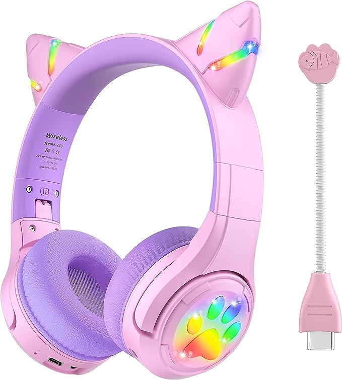 Riwbox CF9 Cat Ear Kids Bluetooth Headphones with LED Light Up,Safe 85dB Volume Limit,Built-in Mic&Boom Mic for Calls,Kids Wireless&Wired Headphones for Girls/Toddler/Online Learning/School (Purple)