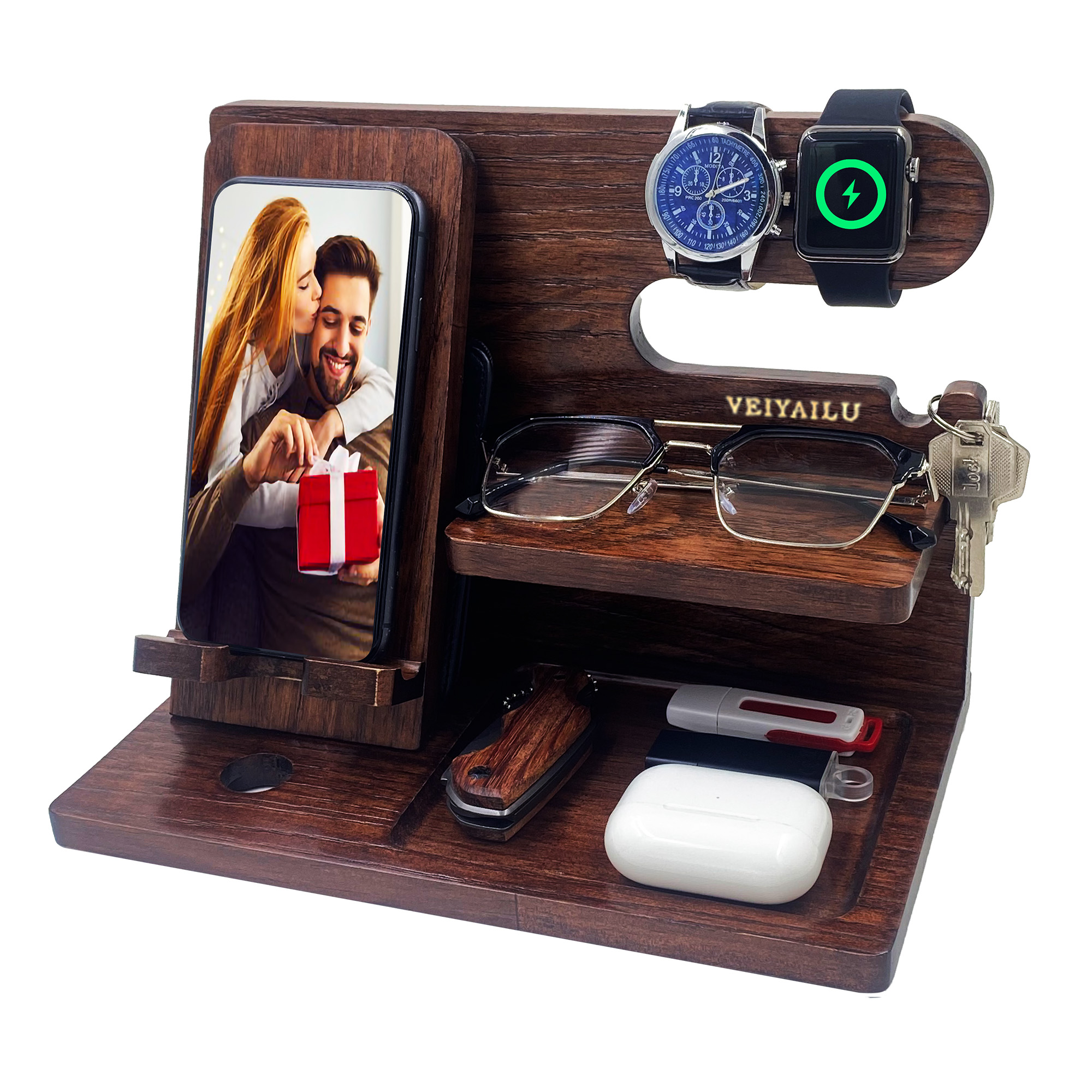 VEIYAILU Gifts for Brother BOSS Boyfriend Him Men,Nightstand Organizer for Men, Gifts for Dad from Daughter Son Wife - Gifts Ideas for Father's Day, Christmas, and Valentine's Day (Dark Brown)