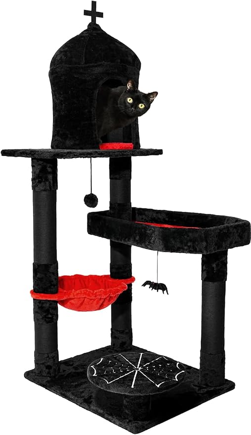 Gothic Cat Tree with Coffin Bed - 55" Black Cat Tower with Cozy Hammock, Spacious Cat Condo, Sisal Scratching Posts, Spider Hanging Ball, Spooky Cat Tree, Multi-Level Play Activities Platform