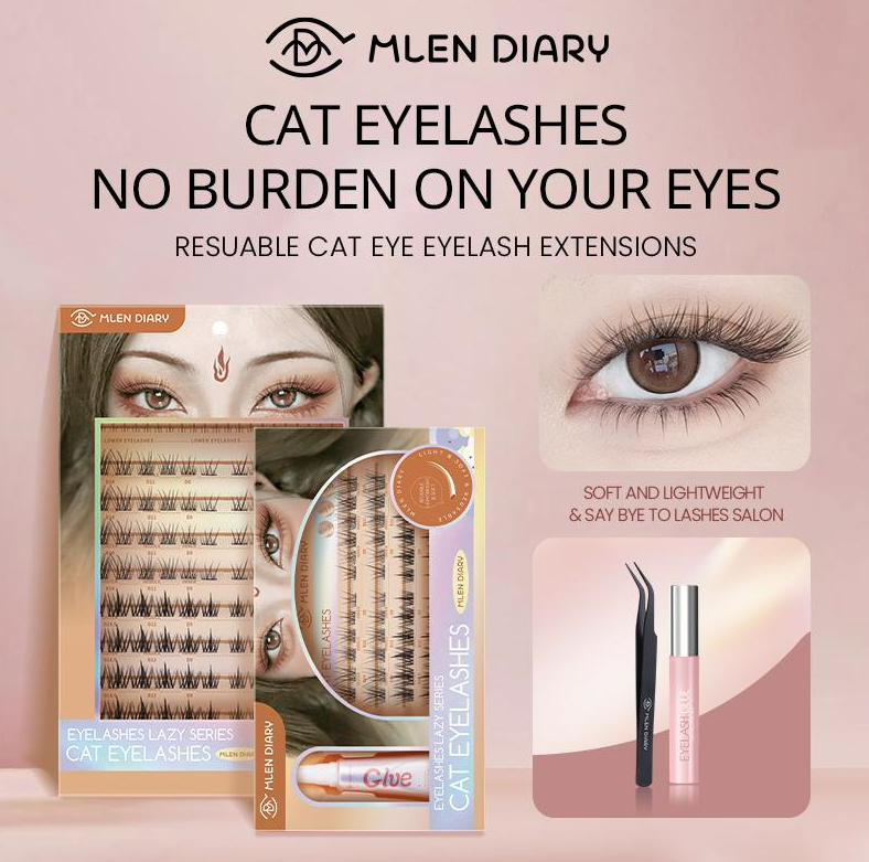 [New Releases] Mlen Diary Cat Eye Reusable Individual D Curl False Eyelashes - Length 9-14mm - Gorgeous Look Travel Packing And Plus Version Set