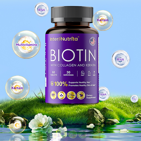 InterNutrita Biotin 100% Natural Hair Growth Supplement, with Multiple Plant Extracts, Up to 5000 Micrograms of Biotin, Rich in 27 Nutrients, Promotes Hair, Skin, and Nail Health, Convenient to Carry, Made in the USA.