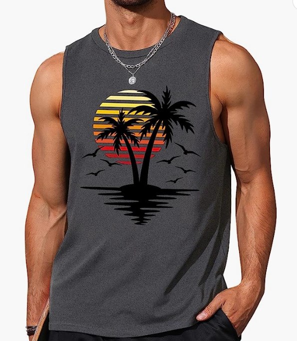 Gosuif Tank Tops Men  Tank Top Coconut Tree Summer Crewneck Muscle Black Tank Top 2023 Sleeveless Gym Workout Shirts Tank Top