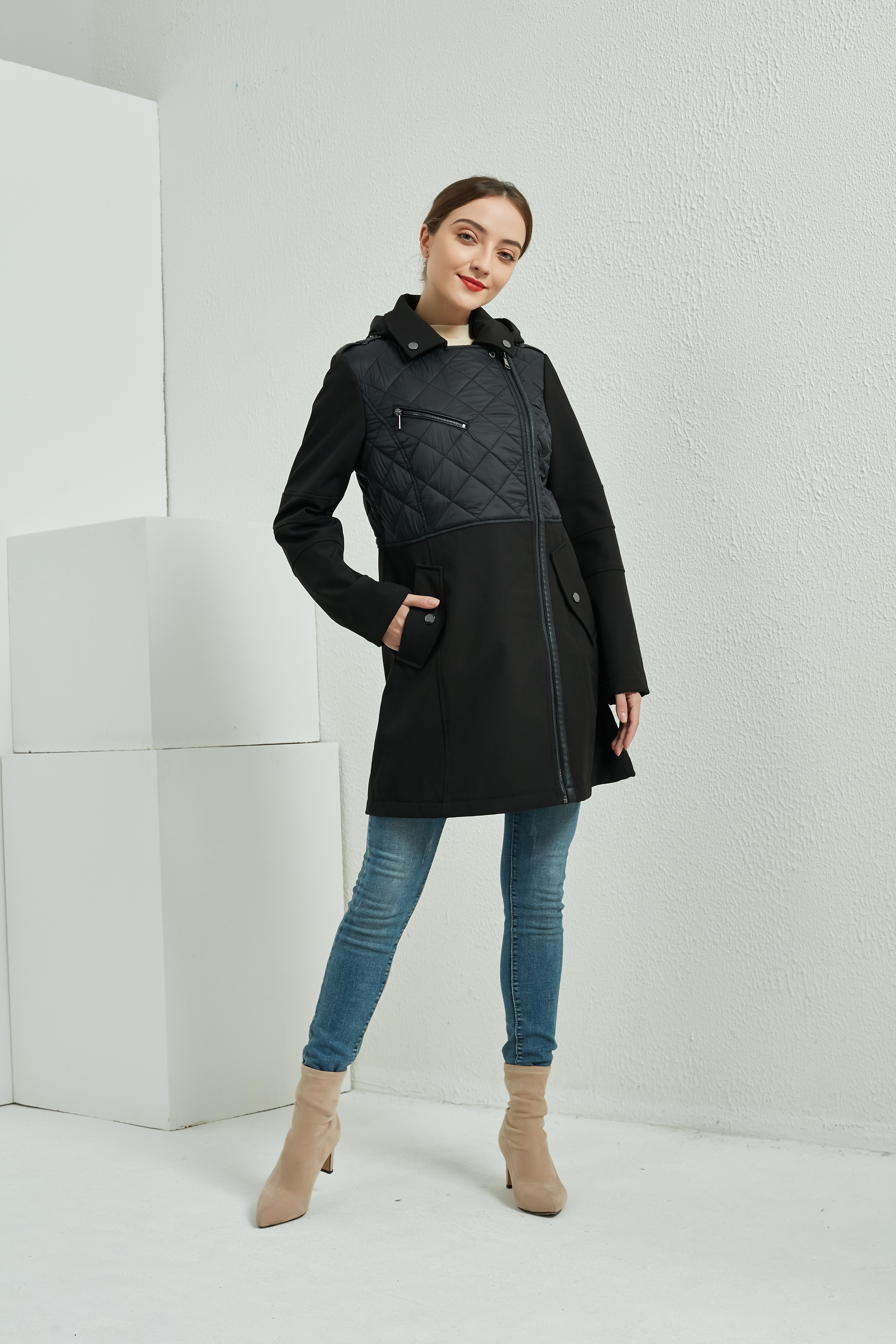 Women's Softshell Asymmetrical zip up Trench Coat& Jacket