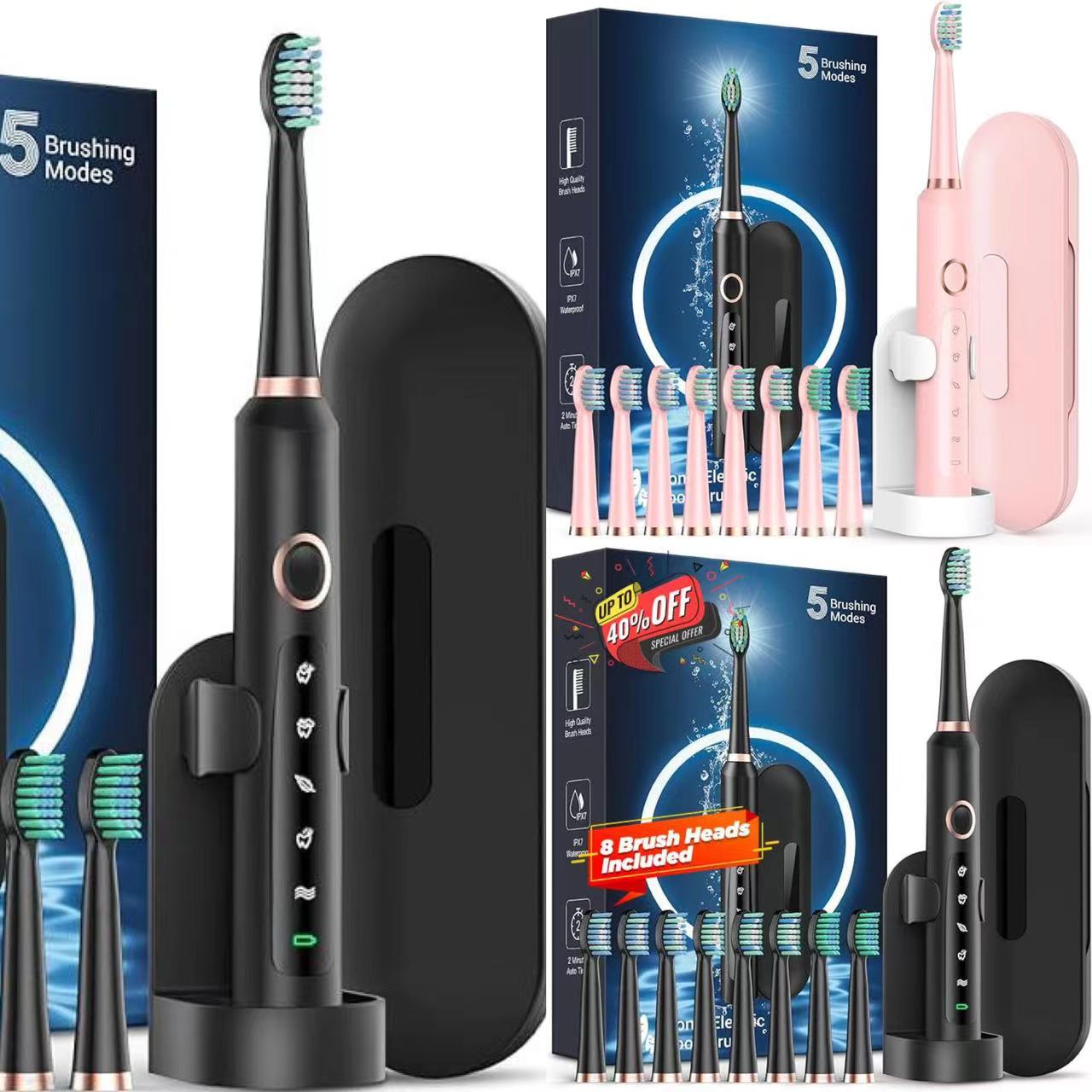 RTAUYS Sonic Electric Toothbrush for Adults - Rechargeable Electric Toothbrushes with 8 Brush Heads & Holder, Travel Case, Power Electric Toothbrush with Holder，3 Hours Charge for 120 Days