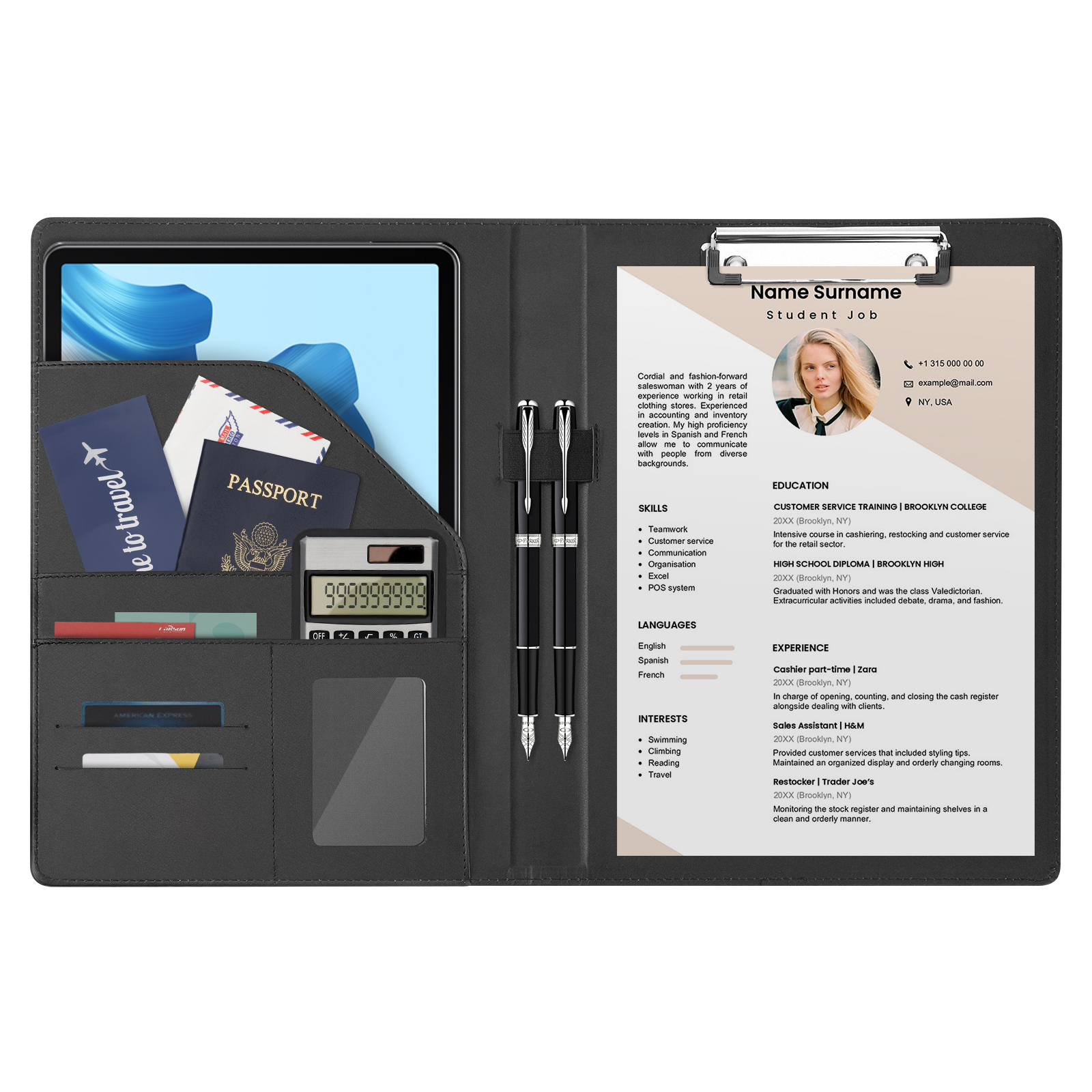 EUPLONG, Padfolio Portfolio Binder, Portfolio Organizer All-in-One-Business Card Holder, Leather Portfolio, and Interview Resume Folder with Letter Sized Papers, Sticky Tabs and Pen(Black)