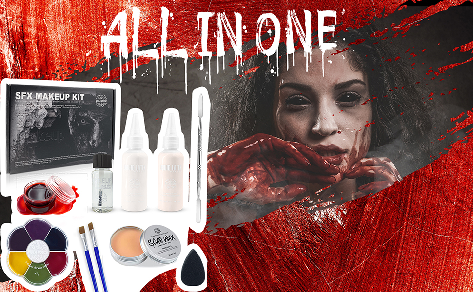 VIOLA HOUSE SFX Makeup Kit, Halloween Special Effects Makeup, 6 Colours Bruise Wound Face Body Paint + Scar Wax + Scar Oil + Liquid Latex + Fake Blood + Spatula + Stipple Sponge + Brush.