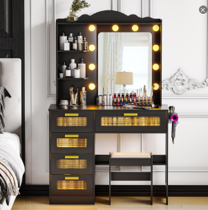 Vanity Table with Lighted Mirror - Black