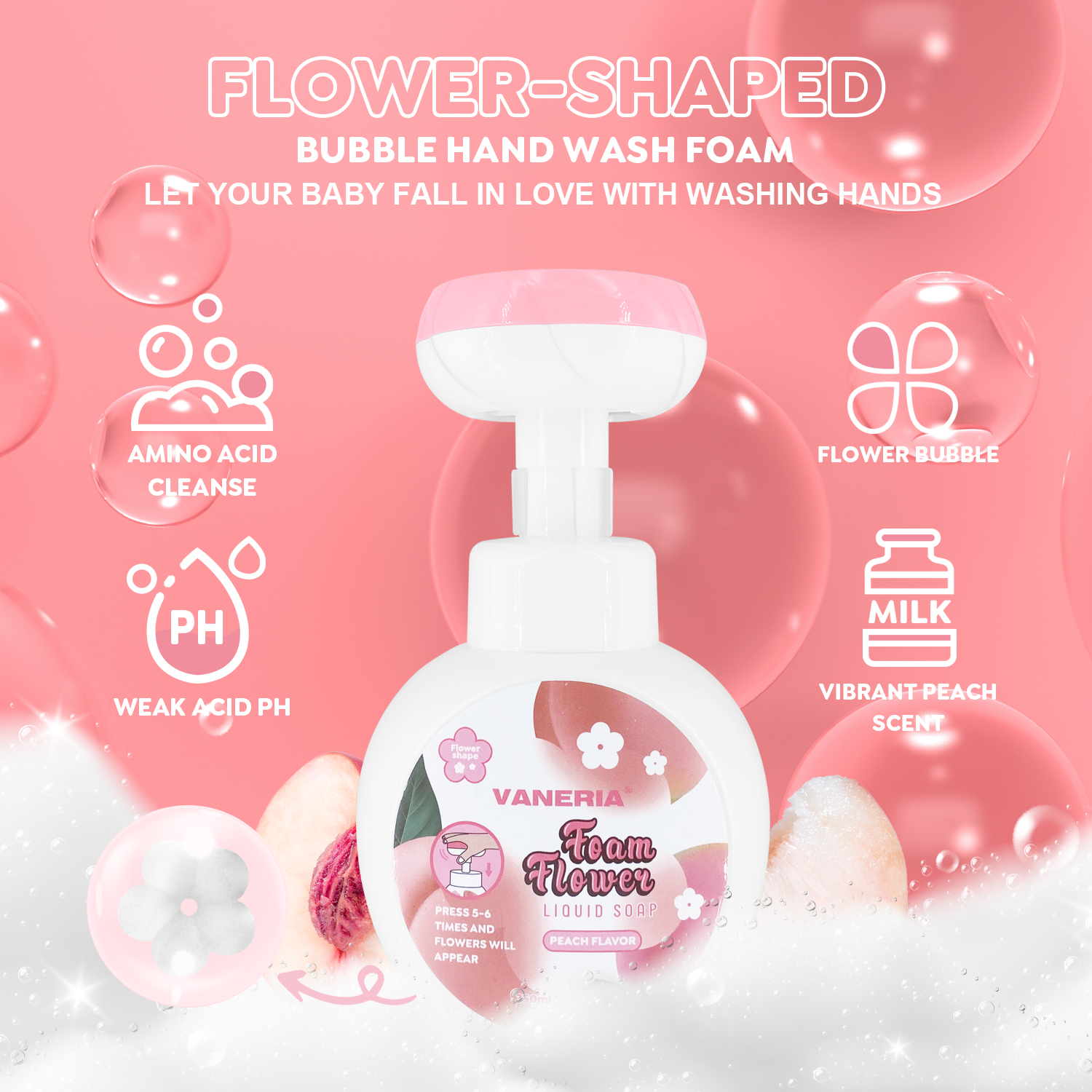 VANERIA Flower Stamp Hand Soap for Kids Nourishing Hand Wash,Flower Bubble Hand Cleaning for Babies,Kids and Adults with Sensitive Skin 350ml/11.8 Fl Oz