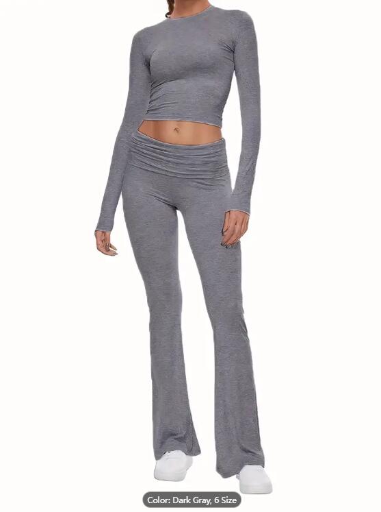 2Piece Long Sleeve Soft Modal Material Comfortable Crop Top And Flared Pants Casual suit - Slim Fit, Fashion Women's Clothing Casual Wear