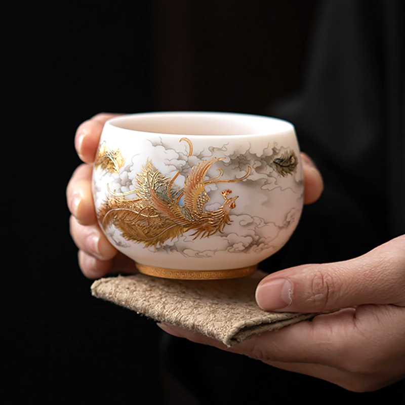 Mystical Phoenix Mutton fat jade Porcelain Tea Cup