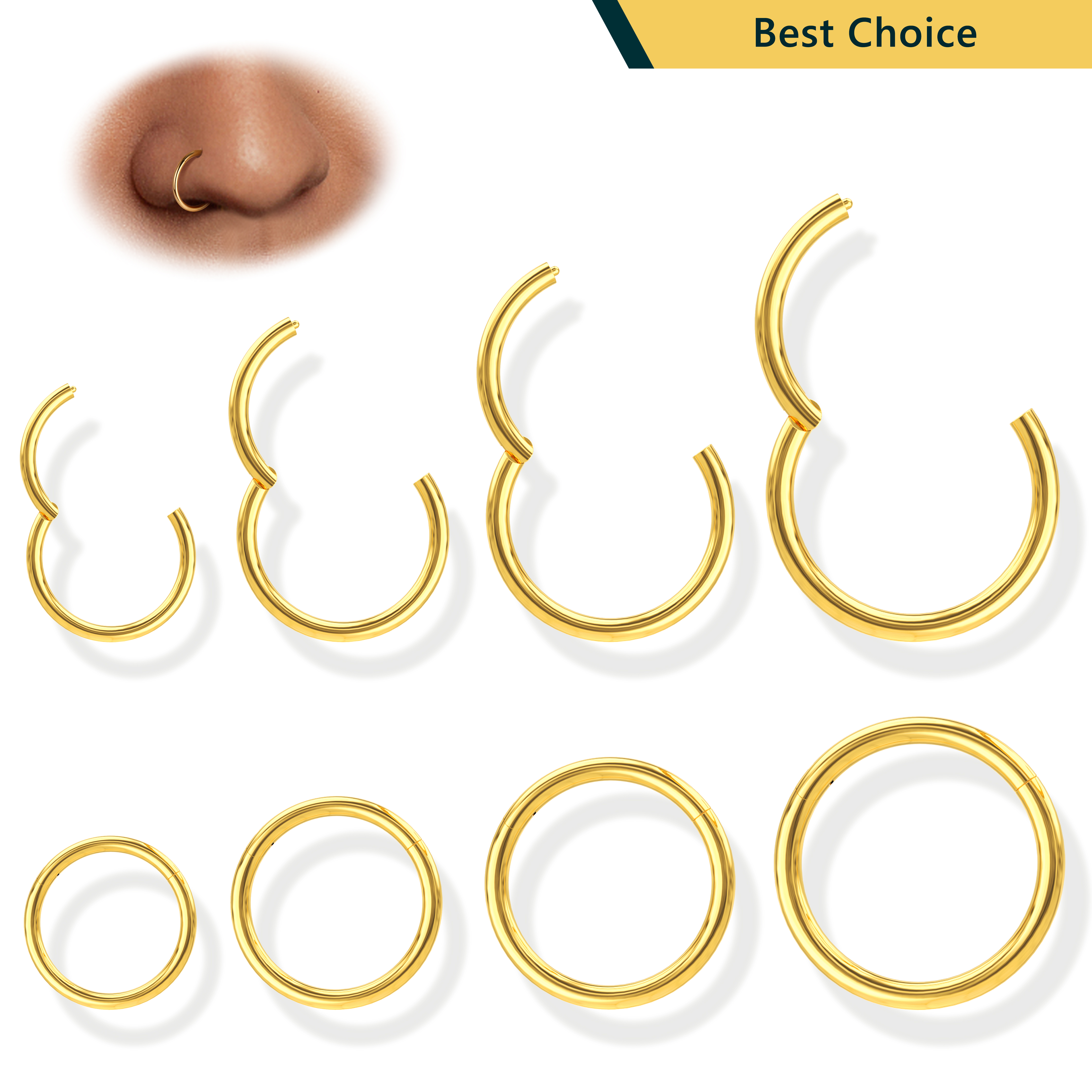 BodyBonita 8 pcs 16G/18G 316L Surgical Steel Seamless Hinged Nose Rings Hoops Septum Rings Lip Rings Hypoallergenic | Earrings for Helix Cartilage Conch Rook Daith Lobe Cartilage Tragus Piercing Jewelry | Black Silver Gold Nose Rings Cilcker Body Piercing for Women Men 6mm 8mm 10mm 12mm