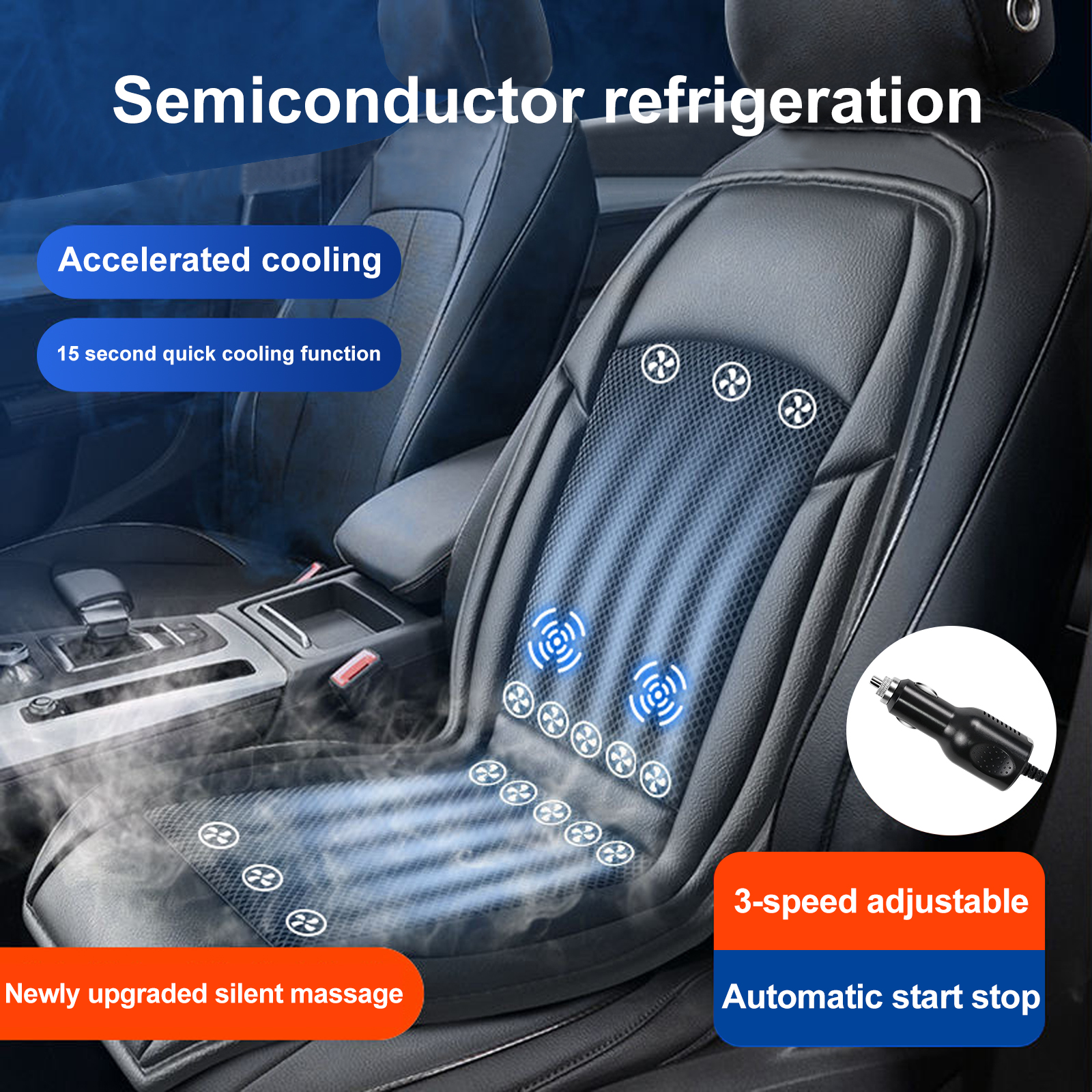 Cooling car Massage seat Cushion- 16Fans & 3 Adjustable Temperature 15s Cool Down Fast/Soft Nappa Leather, 12V,2USB Ports, Black