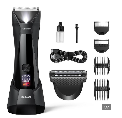 GLAKER Body and Groin Hair Trimmer for Men, Waterproof Electric Shaver with Replaceable Ceramic Blades and Standing Recharge Dock, 2-Hour Battery Life - 6010