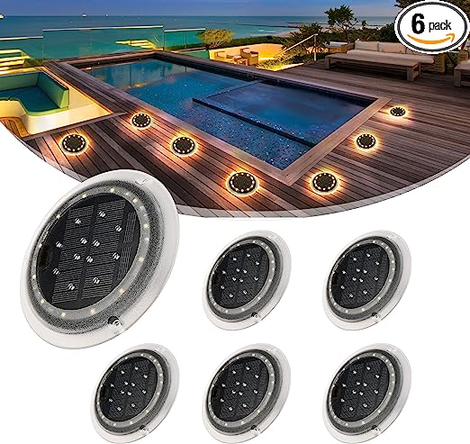 Solar Deck Lights, SHONE Ground Disk Light, Innovative Waterproof Landscape Outdoor Flat Light for: Pool, Wall Decor, Patio, Pathway, Paver, Step, Driveway Border, Stairs, Fence, Garden, Plant, 6Pack