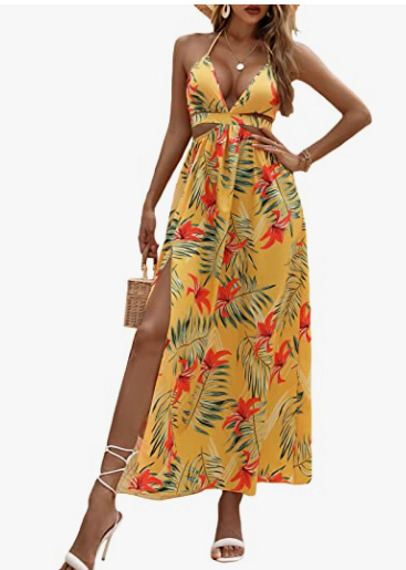 MakeMeChic Women's Floral Halter Deep V Neck Tie Open Back High Slit A Line Cami Summer Maxi Dress
