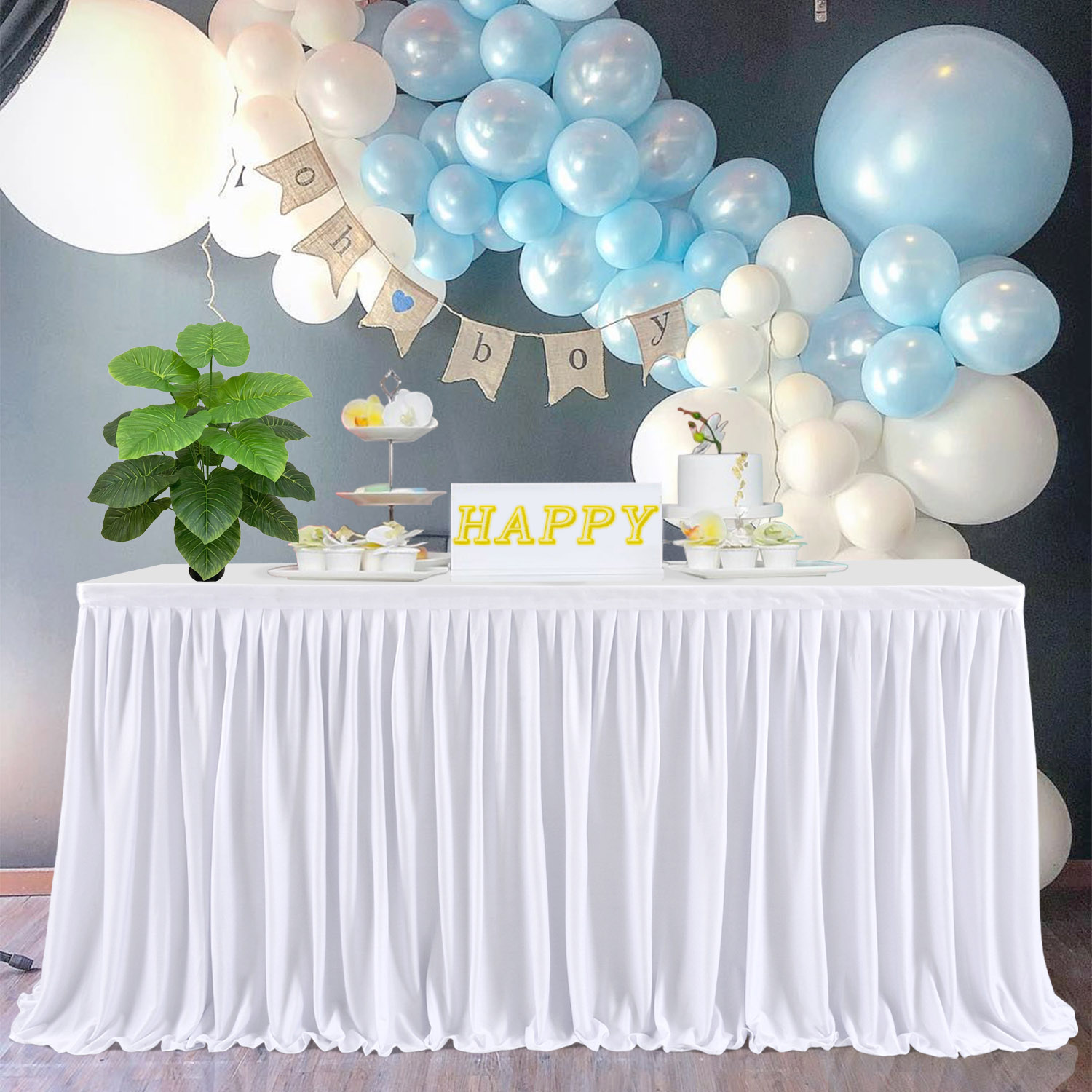 Pleated Table Skirt for Rectangle Desk Baby Shower Wedding Birthday Gender Reveal Party Dessert Cake Decorations (White, 5ft Length)